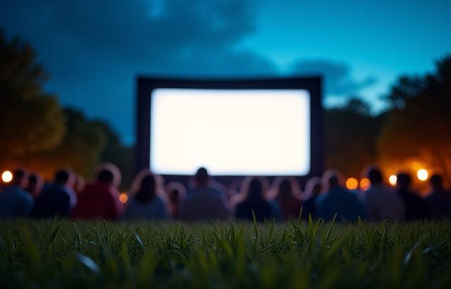 Cena de filme clássico sendo projetada em tela externa